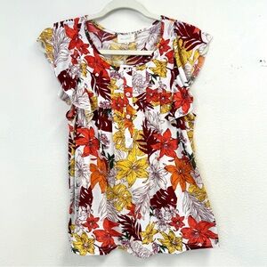 Melloday top, ruffle sleeve tropical floral orange yellow & white, size S